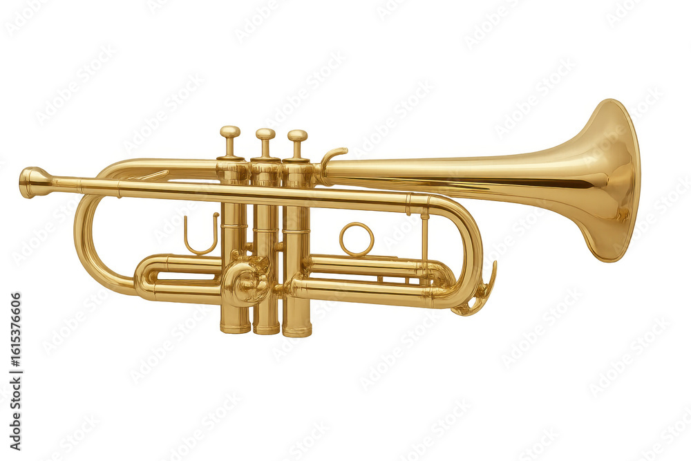 Obraz premium Golden trumpet lying sideways against transparent backdrop, gleaming with musical potential and jazzy sophistication