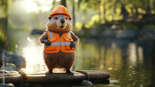 Realistic beaver in orange vest and hard hat stands by dam in sunlit riverside setting.

