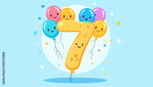 Cheerful number seven balloon surrounded by smiling balloons, celebrating a seventh birthday.