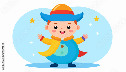 Happy child in vibrant traditional costume, cheerfully posing.