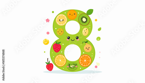 Whimsical illustration of the number eight adorned with various colorful fruits, smiling.