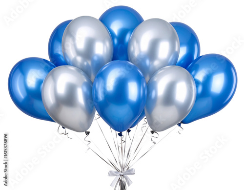 Blue and Silver Foil Balloons Tied with Ribbon, Diagonal Composition Isolated on Transparent Background