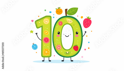 A cheerful cartoon illustration of the number ten, decorated with various fruits and happy expressions.