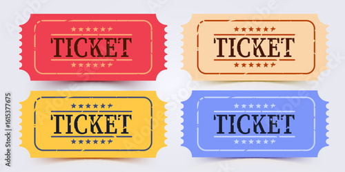 Vintage old ticket icons set. Retro ticket design template. Ticket for cinema, movie, circus, carnival, film, festival. Vector illustration