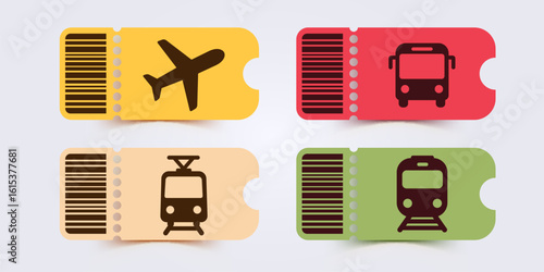 Vintage ticket for bus, plane, ship and train icon set. Travel tickets for transport with barcode. Vector illustration.