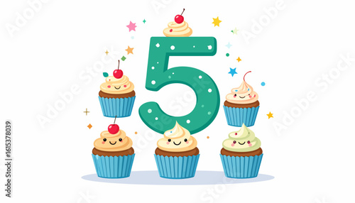 Festive Fifth Birthday Cupcakes with Number 5 Illustration