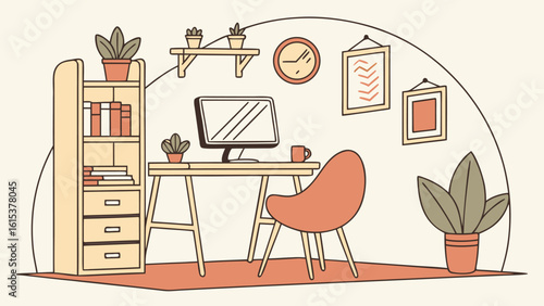 Mindful Workspace—Cozy Home Office with Natural Wood & Plants, Zen Productivity Environment - EPS, JPG

