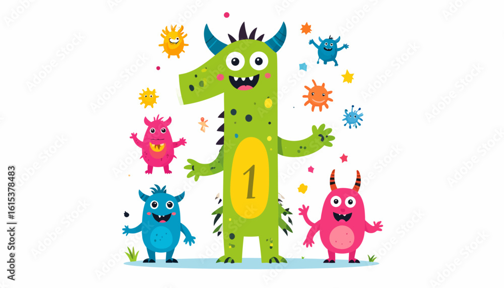 Naklejka premium Playful Monster One: First Birthday Cartoon Illustration