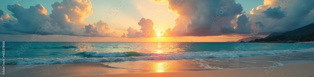 Fototapeta premium Stunning panoramic view of a pristine beach at sunset, featuring golden sand, turquoise water, and dramatic sky Perfect for travel, vacation, or summer themes , tropical, turquoise, summer