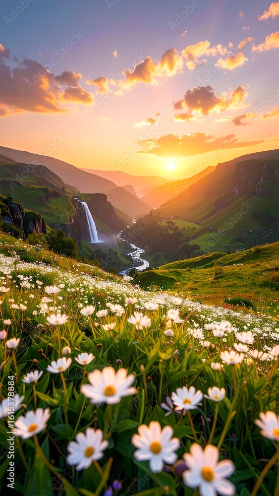 Fototapeta premium Bathed in divine gold, a silent valley of white blossoms breathes in rhythm with the wind — serenity incarnate beneath celestial skies, where dreams fall like petals into tranquil light.