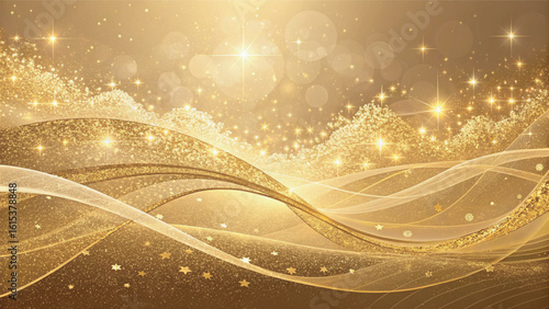 Golden luxury wave background and Abstract glitter particle glow, Smooth diamond sparkle gold flow. award ceremony scene concept. Vector illustrations.