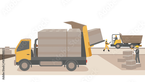 Construction site with workers unloading bricks from a truck and using a dump truck nearby for work