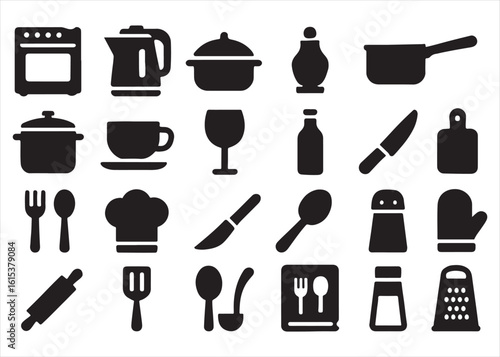 Set of black kitchen utensil icons for cooking food and drink in restaurant