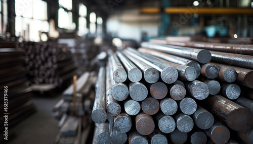 Aluminum rods in warehouse, round aluminum bars generated.AI