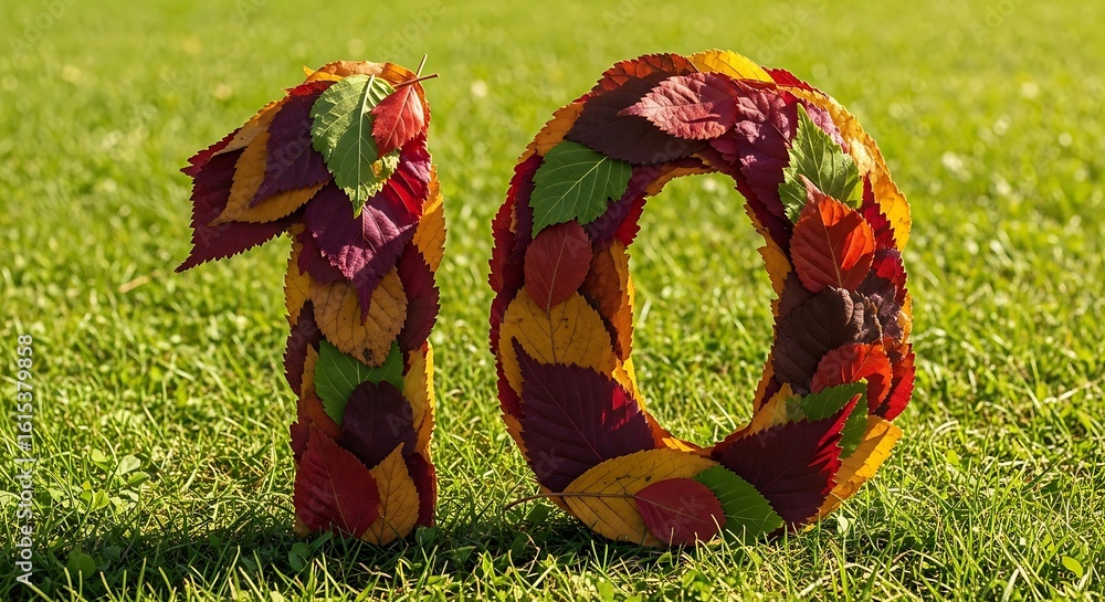 Naklejka premium Autumnal Number Display: Creative Decoration of Number Ten Made from Colorful Leaves