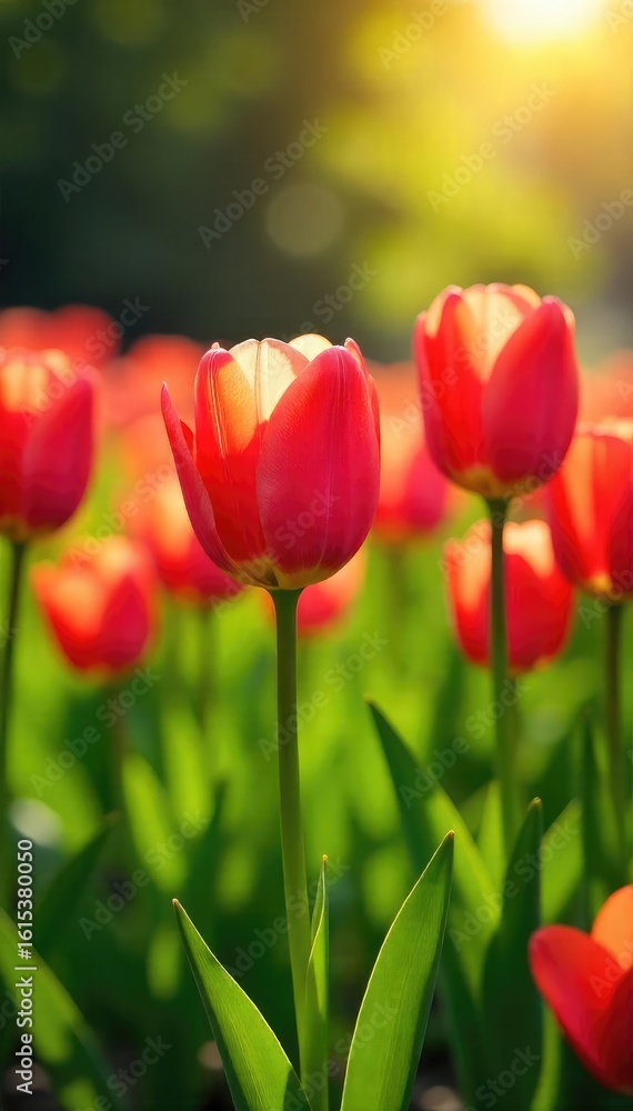 Fototapeta premium Vibrant tulips bursting into bloom in a lush green meadow bathed in warm spring sunlight Perfect for themes of renewal, growth, and the beauty of nature's awakening , meadow, flowers, hyacinth