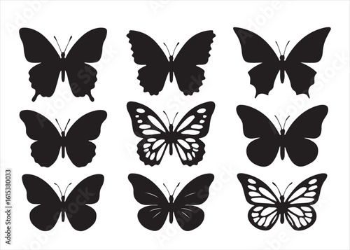 A collection of butterfly insect silhouettes with various wing patterns for nature and art designs