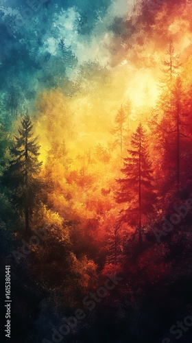 Forest Scene Painting with Sunlight and Tall Trees