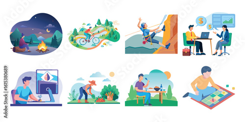 Vibrant Flat Design Illustrations: Lifestyle, Adventure, Business, and Leisure Activities.