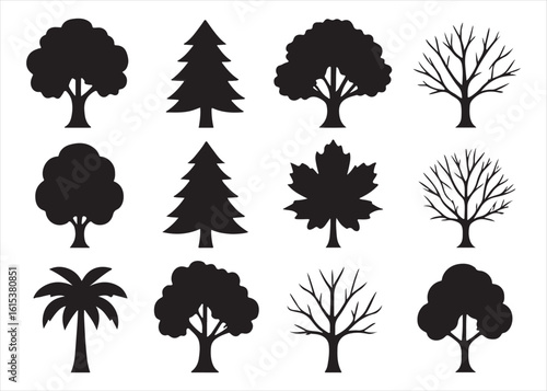 A diverse collection of tree silhouettes, including pine, oak, and palm, forming a natural forest illustration