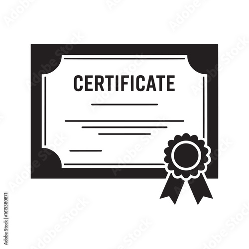 Black silhouette of a certificate with a ribbon and rosette award recognition
