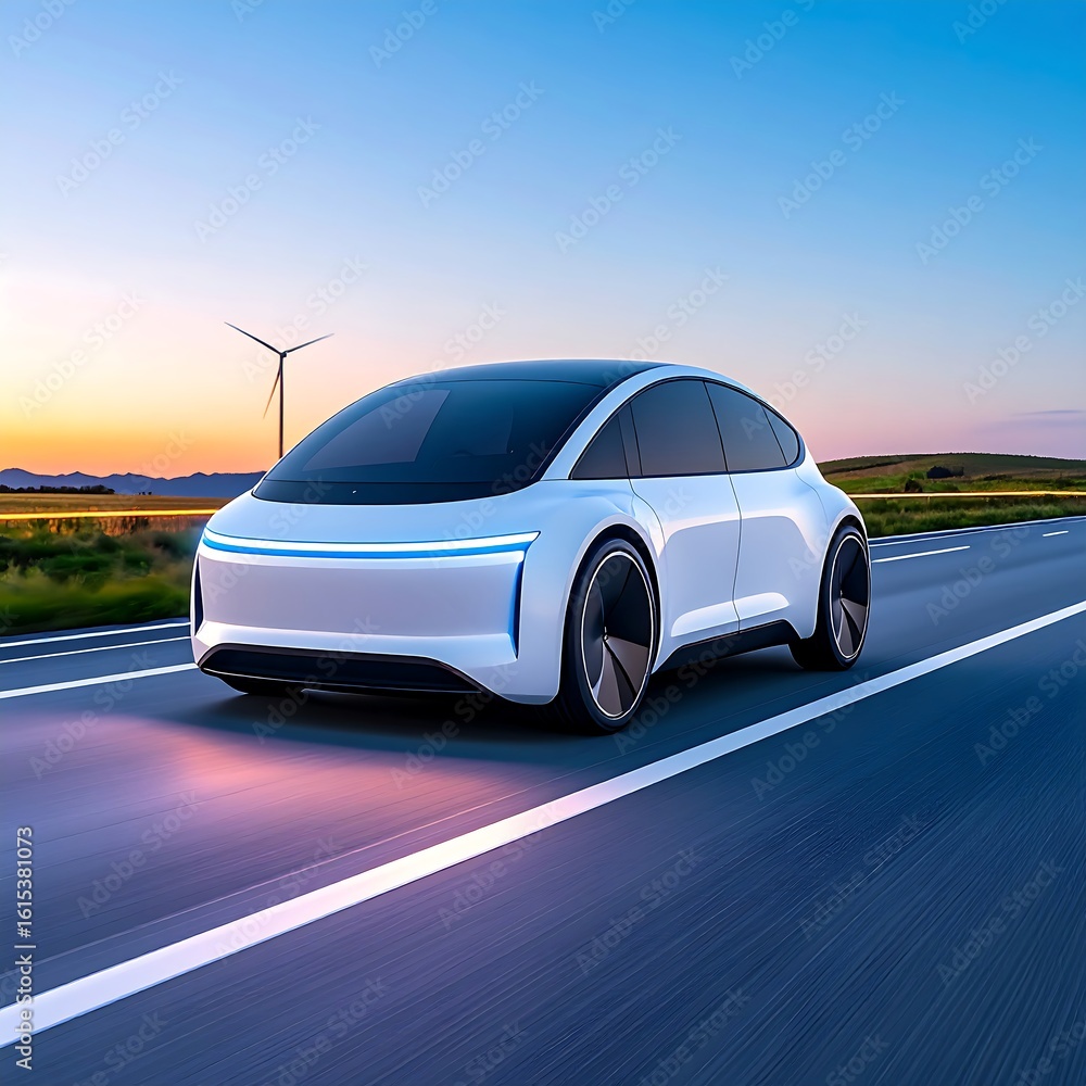 Fototapeta premium Futuristic white EV on highway at dawn