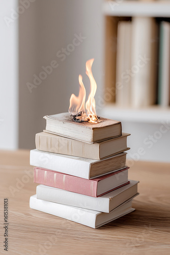 stack of six books in various colors on wood table with top book burning and on fire with light smoke