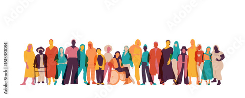 Colorful set of women silhouettes. Women stand together.
