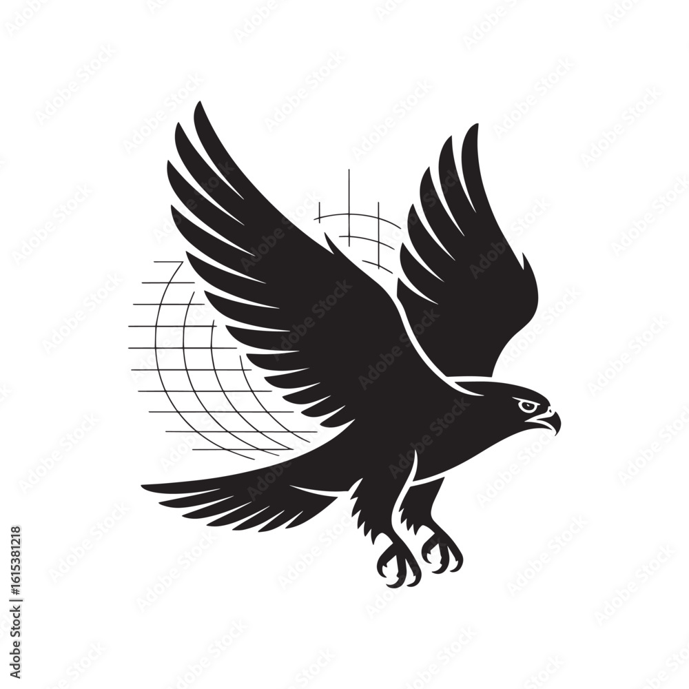 Obraz premium Black silhouette of a hawk with outstretched wings and a globe grid falcon eagle