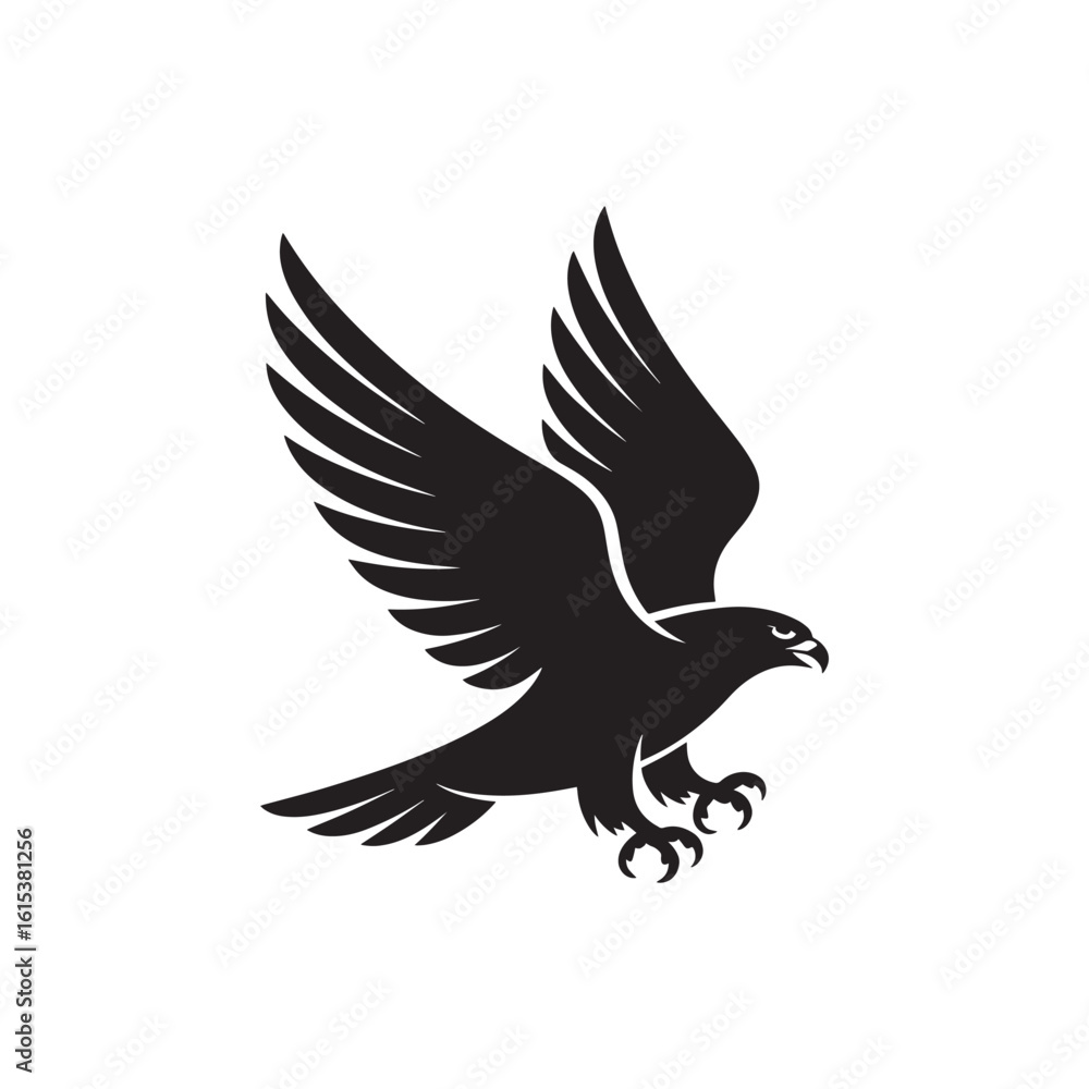 Obraz premium Black silhouette of a hawk in flight with wings spread and talons extended falcon eagle