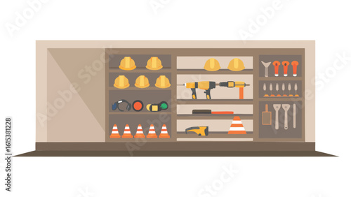 Illustration of a storage cabinet with construction tools and safety equipment neatly arranged on shelves