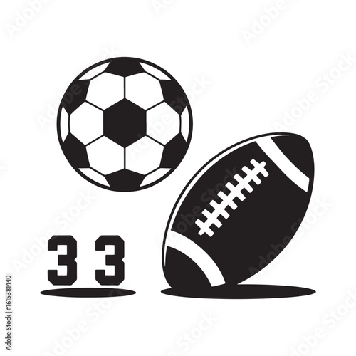 Black silhouette of a soccer ball american football and number 33 sport