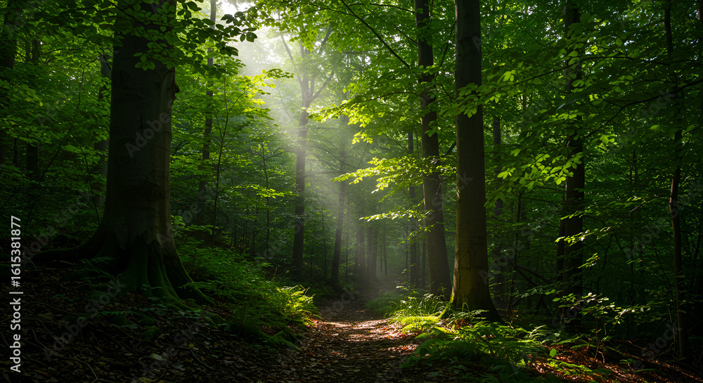 Obraz premium Sunlight streams through the dense canopy of a lush green forest, illuminating a path winding through the trees.