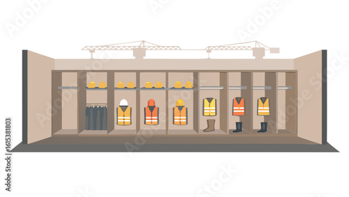 Illustration of a construction site safety equipment storage area with helmets and vests visible