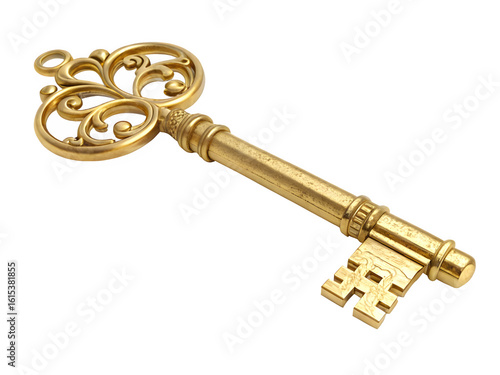 Ornate golden antique key with intricate scrollwork