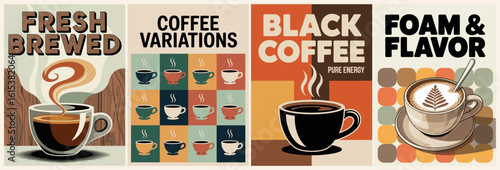Retro-style flat vector illustration set of coffee posters featuring fresh brewed, black coffee, foam art, and cup variations in a warm palette with vintage typography and graphic elements