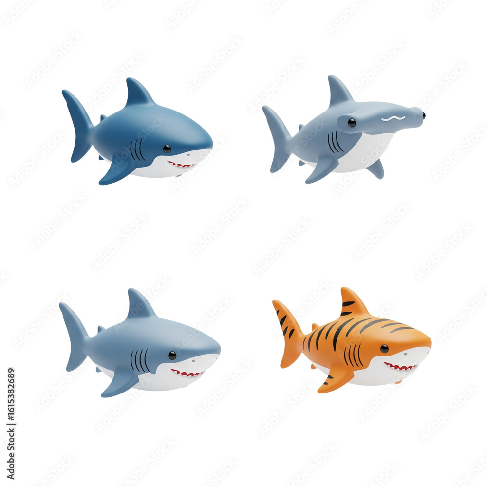 Naklejka premium Four realistic toy sharks in different colors and poses