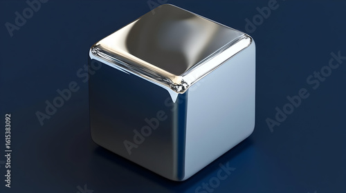 Polished silver cube on dark background.  Detailed close-up view of a highly reflective, metallic cube with rounded edges, sitting on a deep navy surface