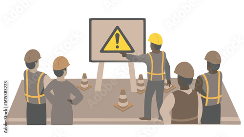 Construction workers attending a safety briefing with a caution sign and traffic cones present at the site