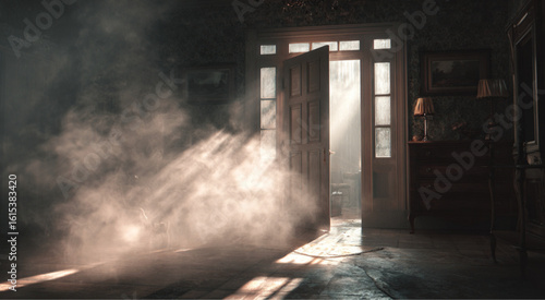 Vintage room filled with smoke and floating dust, soft sunlight creating a hazy antique atmosphere inside an old house