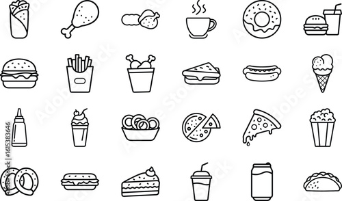 Fast Food Line Icons – Burgers, Pizza, Fries, Drinks, Desserts – Vector Set for Menus & Mobile Apps
