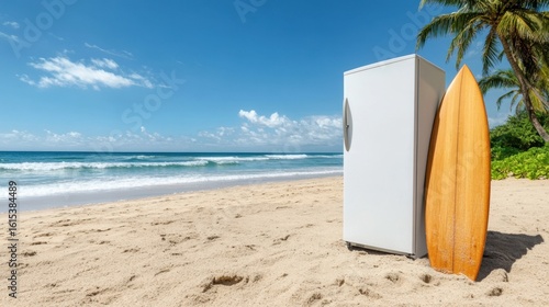 A refrigerator on a beach with a surfboard leaning against it