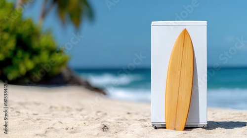A refrigerator on a beach with a surfboard leaning against it