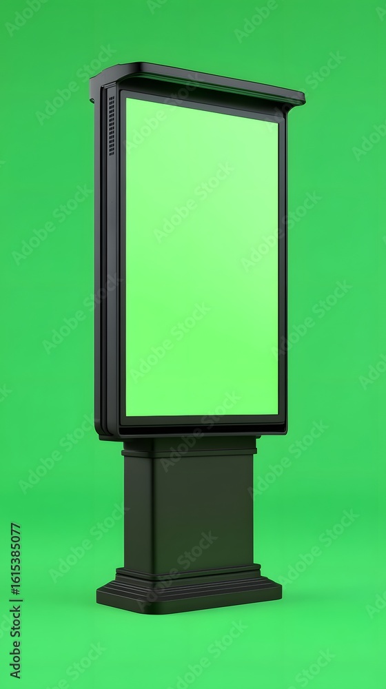 Black outdoor advertising display with a blank green screen, standing on a green background. The display has a modern design and is suitable for various advertising purposes. Black outdoor advertising display with a blank green screen, standing on a green background. The display has a modern design and is suitable for various advertising purposes.
