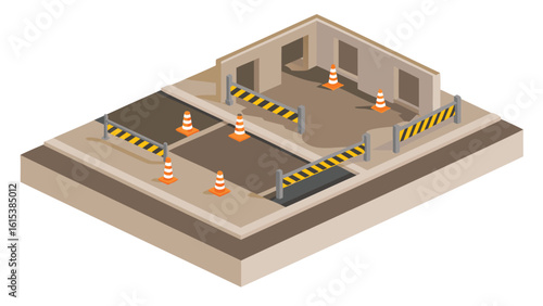 Isometric view of a construction site with barriers and cones around an unfinished building project area