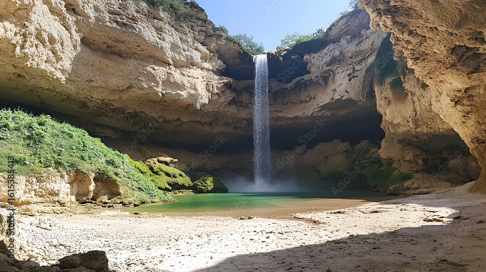 Fototapeta premium Waterfall cascading into a hidden pool, surrounded by beige cliffs and lush greenery