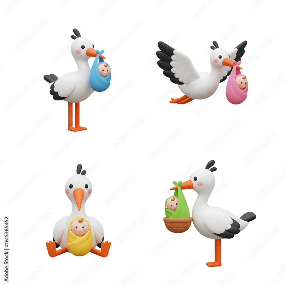Obraz premium Four storks carrying babies in bundles celebrating new life