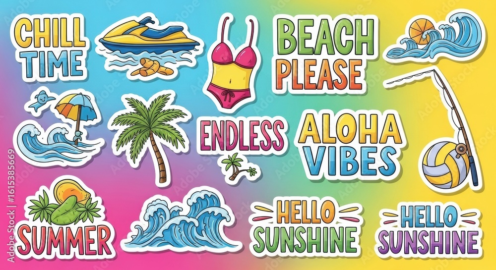 Fototapeta premium Vibrant summer themed sticker collection featuring beach activities and tropical elements offering