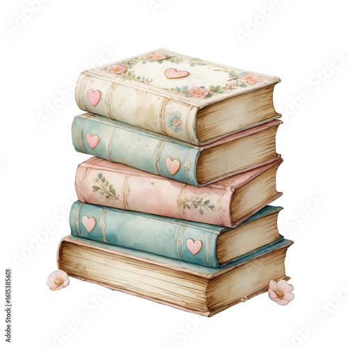 Vintage decorative stack of whimsical books showcasing beautiful pastel colors and floral designs in a cozy reading nook Generative AI