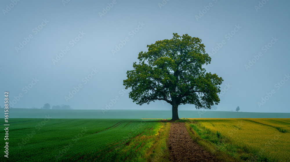 Fototapeta premium A lone tree standing in a field with a path leading to it on a cloudy day